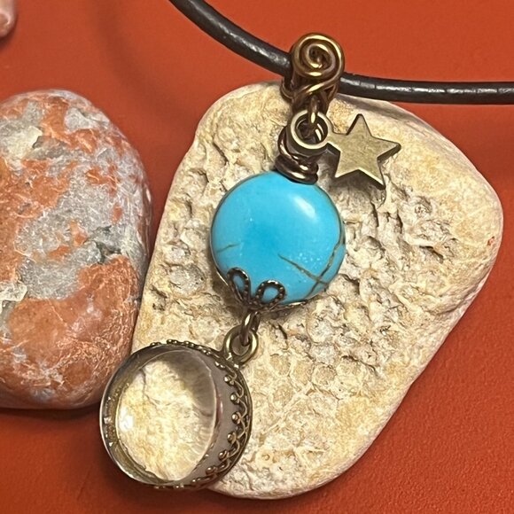 Black Leather Necklace, Turquoise & Glass Mini Magnifier Pendant - Picture 6 of 7